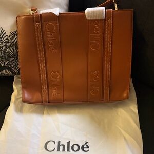Tan Leather Tote with Embossed Logo